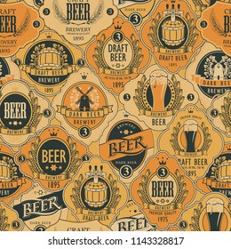Vector seamless pattern on the theme of beer with various beer labels with images of barrels, beer glasses, mills, laurel wreathes, ears of wheat and other in retro style