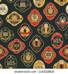 Vector seamless pattern on the theme of beer with various beer labels with images of barrels, beer glasses, mills, laurel wreathes, ears of wheat and other in retro style on black background