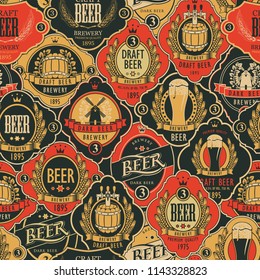 Vector seamless pattern on the theme of beer with various beer labels with images of barrels, beer glasses, mills, laurel wreathes, ears of wheat and other in retro style