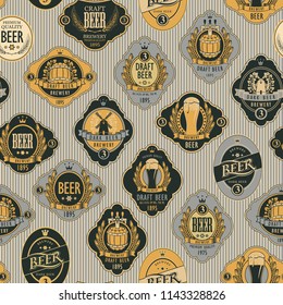 Vector seamless pattern on the theme of beer with various beer labels with images of barrels, beer glasses, mills, laurel wreathes, ears of wheat and other in retro style on striped background