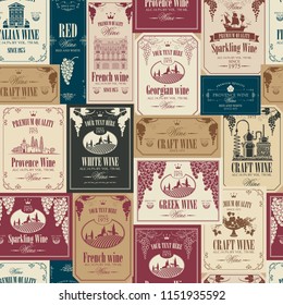 Vector seamless pattern on the theme of wine with various wine labels with images of grapes, landscapes, winery, castles, sailboats, fruits and other in retro style