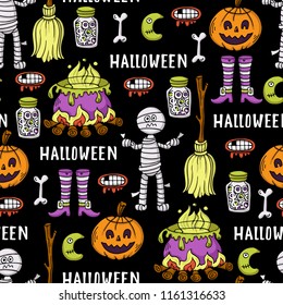 Vector seamless pattern on the theme of Happy Halloween. Pattern with colored symbols of Halloween on black background
