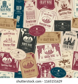 Vector seamless pattern on the theme of wine with various wine labels with images of grapes, landscapes, winery, castles, sailboats, fruits and other in retro style