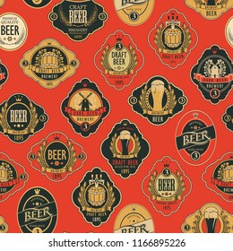 Vector seamless pattern on the theme of beer with various beer labels with images of barrels, beer glasses, mills, laurel wreathes, ears of wheat and other in retro style on red background