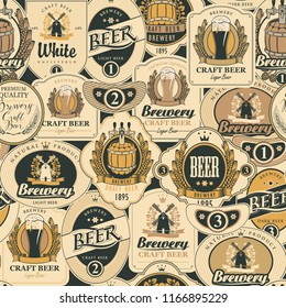 Vector seamless pattern on the theme of beer with various beer labels with images of barrels, beer glasses, mills, laurel wreathes, ears of wheat and other in retro style