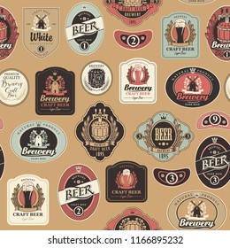 Vector seamless pattern on the theme of beer with various beer labels with images of barrels, beer glasses, mills, laurel wreathes, ears of wheat and other in retro style on red background