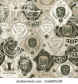 Vector seamless pattern on the theme of beer with various beer labels with images of wooden barrels, ears of barley, beer glasses, mills and other in retro style