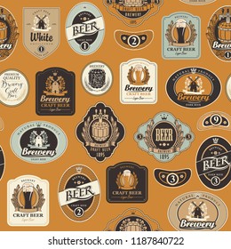 Vector seamless pattern on the theme of beer with various beer labels with images of barrels, beer glasses, mills, laurel wreathes, ears of wheat and other in retro style