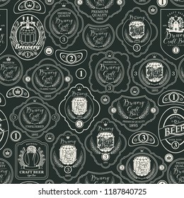 Vector seamless pattern on the theme of beer with various beer labels with images of wooden barrels, ears of barley, beer glasses and other in retro style. Drawing chalk on the blackboard
