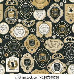 Vector seamless pattern on the theme of beer with various beer labels with images of wooden barrels, ears of barley, beer glasses, mills and other in retro style on black background