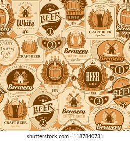 Vector seamless pattern on the theme of beer with various beer labels with images of wooden barrels, beer glasses, mills, laurel wreathes, ears of wheat and other in retro style on light background