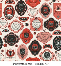Vector seamless pattern on the theme of beer with various beer labels with images of wooden barrels, ears of barley, beer glasses, mills and other in retro style on light background