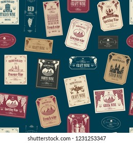Vector seamless pattern on the theme of wine with various wine labels with images of grapes, landscapes, winery, castles, sailboats, fruits and other in retro style on the dark blue background