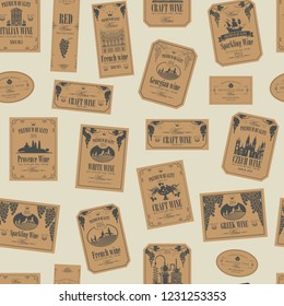 Vector seamless pattern on the theme of wine with various wine labels with images of grapes, landscapes, winery, castles, sailboats, fruits and other in retro style in beige tones