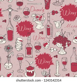 Vector seamless pattern on the theme of wine with tableware and fruit. Set of contour drawings with handwritten inscriptions and spots in retro style. Can be used as wallpaper and wrapping paper