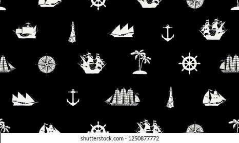 Vector seamless pattern on the theme of sea travel with different sailing ships, compass, anchor, steering wheel and others. Cute sea objects on a black background in retro style