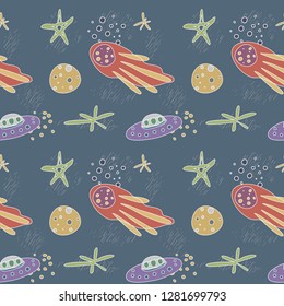 Vector seamless pattern on the theme of space, in soft colors, with stars, comet and UFO. Hand drawn, simple flat style. 
