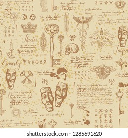 Vector seamless pattern on the theme of theater and drama with drawings of theatrical masks, vintage keys and lettering. Retro wallpaper, wrapping paper or backdrop for textile with sketches and blots