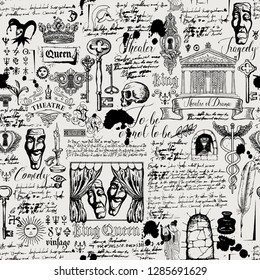 Vector seamless pattern on the theme of theater and drama with drawings and lettering in vintage style. Retro wallpaper, wrapping paper or backdrop for textile with sketches and blots