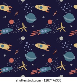 Vector seamless pattern on the theme of space, in soft colors, with stars,  planets and rockets. Hand drawn, simple flat style. 