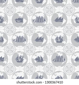 Vector seamless pattern on the theme of nautical travel, adventure and discovery. Wind roses, world maps and various sailing ships in retro style. Can be used as background, wallpaper, wrapping paper