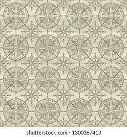 Vector seamless pattern on the theme of nautical travel, adventure and discovery. Wind roses and steering wheels in retro style on the beige striped background
