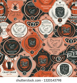 Vector seamless pattern on the theme of beer with various beer labels with images of wooden barrels, ears of barley, beer glasses, mills and other in retro style