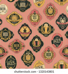 Vector seamless pattern on the theme of beer with various beer labels with images of barrels, beer glasses, mills, laurel wreathes, ears of wheat and other in retro style on the striped background