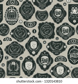 Vector seamless pattern on the theme of beer with various beer labels with images of barrels, beer glasses, ears of wheat, mills, laurel wreathes and other in retro style