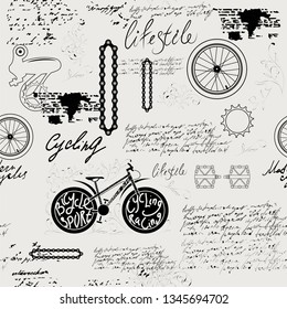 Vector seamless pattern on the theme of bicycles. Vintage manuscript with sketches, illegible handwritten texts, blots and stains in retro style. Can be used as wallpaper or wrapping paper - vector.