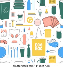 Vector seamless pattern on the theme of Zero Waste lifestyle. Colorful wallpaper with various reusable or recyclable items. 