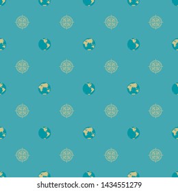 Vector seamless pattern on the theme of nautical travel, adventure and discovery. Wind roses and world maps in retro style on a blue background