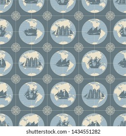 Vector seamless pattern on the theme of nautical travel, adventure and discovery. Wind roses, world maps and various sailing ships in retro style. Can be used as background, wallpaper, wrapping paper