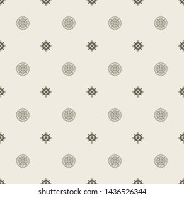Vector seamless pattern on the theme of nautical travel, adventure and discovery. Wind roses and steering wheels in retro style on beige background
