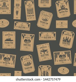 Vector seamless pattern on the theme of wine with various wine labels with images of grapes, landscapes, winery, castles, sailboats, fruits and other in retro style on the dark gray background