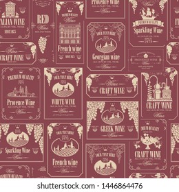 Vector seamless pattern on the theme of wine with various wine labels with images of grapes, landscapes, winery, castles, sailboats, fruits and other in retro style in burgundy and beige colors