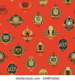 Vector seamless pattern on the theme of beer with various beer labels with images of barrels, beer glasses, mills, laurel wreathes, ears of wheat and other in retro style on red background