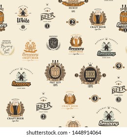 Vector seamless pattern on the theme of beer with various beer labels with images of barrels, beer glasses, mills, laurel wreathes, ears of wheat and other in retro style on the beige background