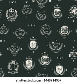 Vector seamless pattern on the theme of beer with various beer labels with images of barrels, beer glasses, ears of wheat, mills, laurel wreathes and other in retro style on black background