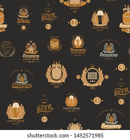 Vector seamless pattern on the theme of beer with various beer labels with images of barrels, beer glasses, mills, laurel wreathes, ears of wheat and other in retro style on the black background