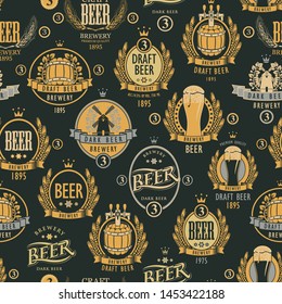 Vector seamless pattern on the theme of beer with various beer labels with images of barrels, beer glasses, mills, laurel wreathes, ears of wheat and other in retro style in black and gold colors