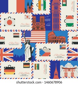 Vector seamless pattern on the theme of travel to various countries of Europe, Asia and America. Retro background with envelopes, flags and architectural landmarks. Wallpaper, wrapping paper, fabric