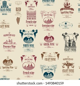 Vector seamless pattern on the theme of wine with various wine labels with images of grapes, landscapes, winery, castles, sailboats, fruits and other in retro style on the beige background