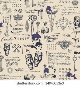 Vector seamless pattern on the theme of theater and drama with drawings of theatrical masks, vintage keys and lettering. Retro wallpaper, wrapping paper or backdrop for textile with sketches and blots