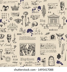 Vector seamless pattern on the theme of theater and drama with drawings and lettering in vintage style. Retro wallpaper, wrapping paper or backdrop for textile with sketches and blots