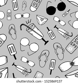 Vector seamless pattern on the theme of summer, vacation. Elements drawn by hand in doodle style located on a gray background.  