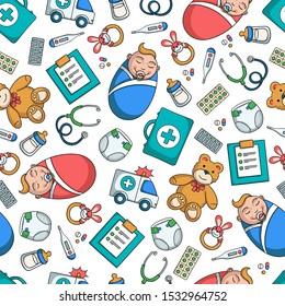 Vector seamless pattern on the theme of pediatrics and children's health on white background. Colored pattern wirh symbols of medicine