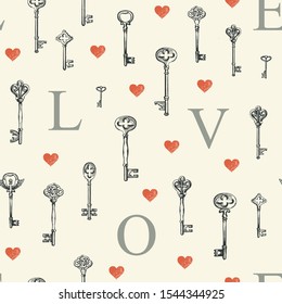 Vector seamless pattern on the theme of love with vintage keys, red hearts and initial letters in retro style. Abstract background with hand-drawn illustrations. Wallpaper, wrapping paper, fabric.