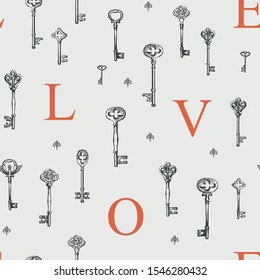 Vector seamless pattern on the theme of love with vintage keys and initial letters in retro style. Abstract background with hand-drawn illustrations. Suitable for wallpaper, wrapping paper, fabric.