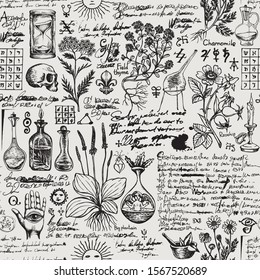 Vector seamless pattern on the theme of medicine and herbal treatment in retro style. Repeatable background with hand-drawn sketches, unreadable notes, various herbs and old medical symbols, blots.
